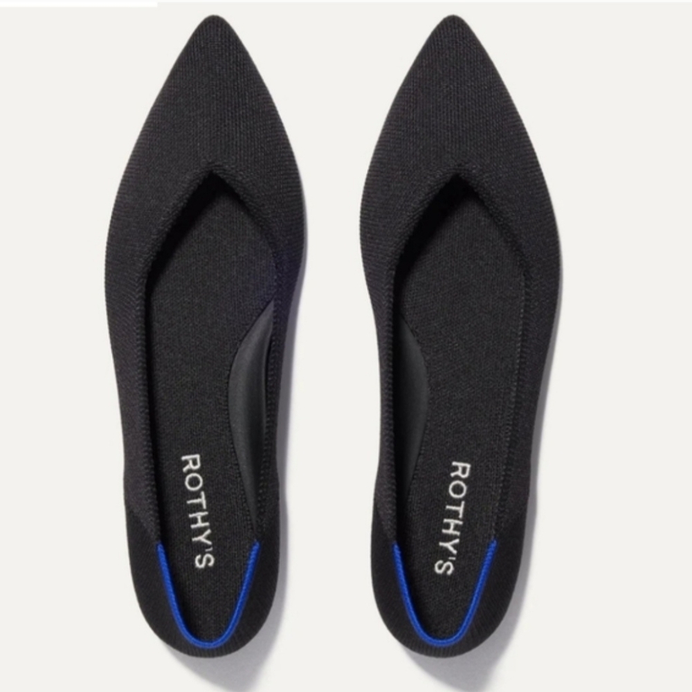 Rothy's Black Pointed Toe Flats with Blue Accent
